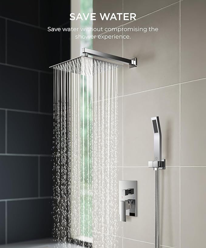 FORIOUS Rain Shower Head System, 10 Inch Shower Faucet Set with with handheld combo, Solid Brass Pressure Balanced Valve and Trim Kit Fixtures, Wall Mounted, Brushed Nickel (Chrome, 10 inch)