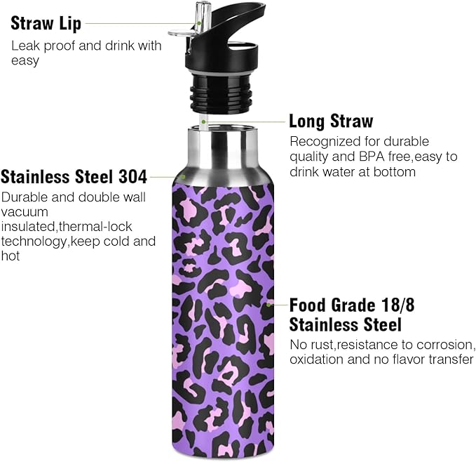 Qilmy Black and White Leopard Water Bottle Vacuum Insulated Stainless Steel Water Bottles with Straw Lid Leakproof Wide Mouth Water Flask for Fitness Outdoor Sports, 20 oz