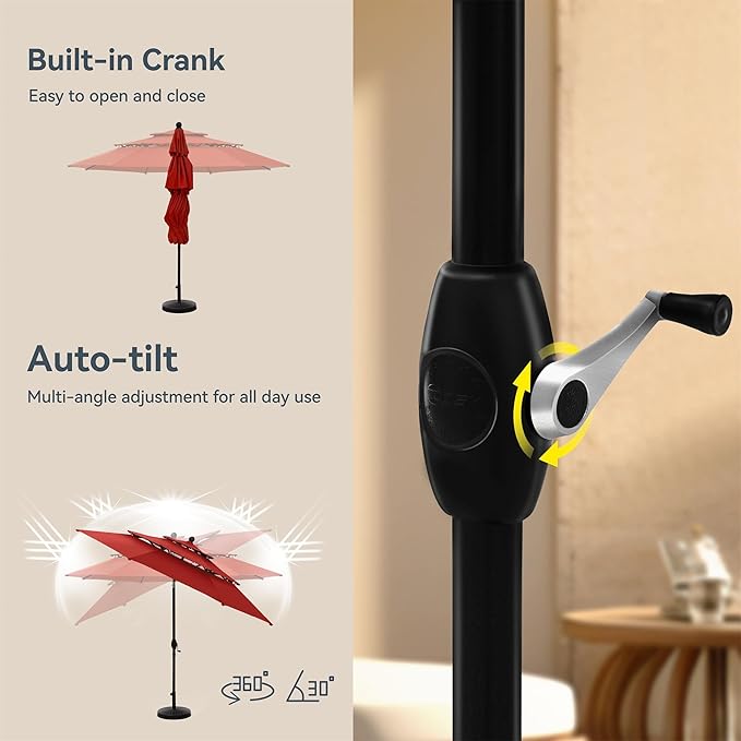 PHI VILLA 10ft Patio Umbrella Outdoor 3 Tier Vented Market Table Umbrella with 1.5" Umbrella Pole and 8 Sturdy Ribs, (Orange Red)（No Base）