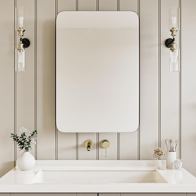 Vintage-Style Bathroom Wood Black Cabinet with 17.5''x29'' Curved Mirror, Recessed Medicine Cabinet, Bathroom Storage Cabinet