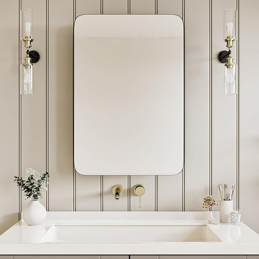 Vintage-Style Bathroom Wood Black Cabinet with 17.5''x29'' Curved Mirror, Recessed Medicine Cabinet, Bathroom Storage Cabinet