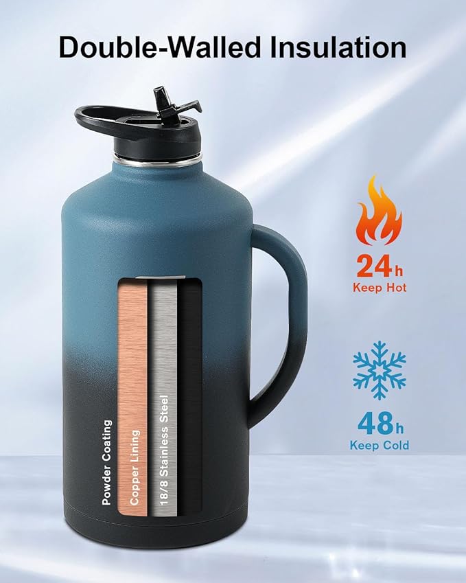 Trebo 128 oz Water Bottle Insulated with Handle, One Gallon Stainless Steel Metal Large Jug, Travel Flask with Straw Spout Lid, Mug Tumbler Cup with Carry Pouch, Keep Cold Hot, Indigo Black