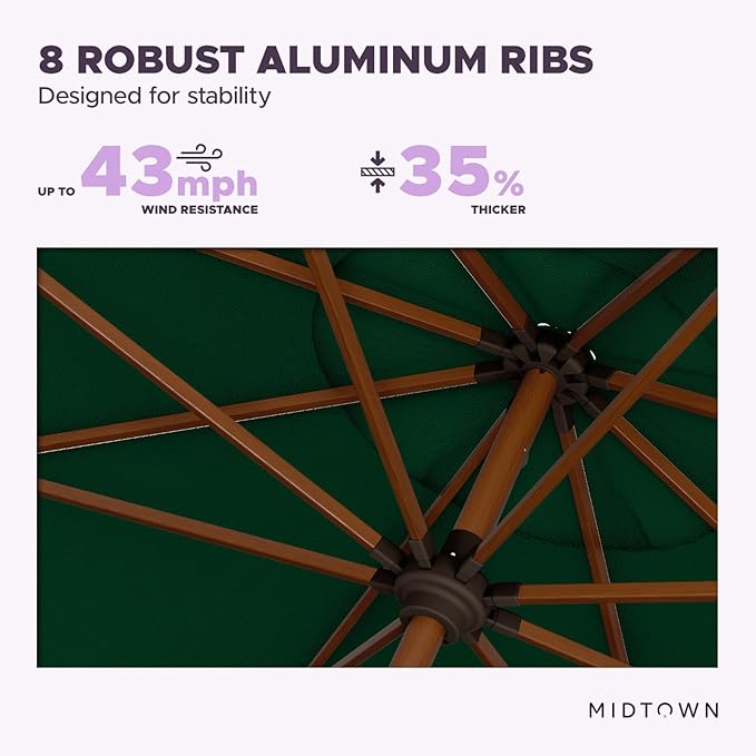 Midtown Umbrellas Sunbrella Umbrella Outdoor Patio Umbrella 2-8 Feet in Forrest Green Acrylic Fabric - Auto-Tilt Aluminum Frame For Backyard Umbrella, Deck Umbrella & Porch Umbrella - Wooden Pole