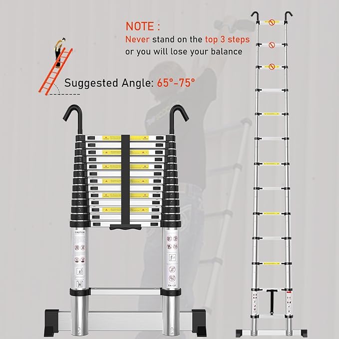 Telescoping Ladder with Hooks 10.5 FT - Aluminum Telescopic Ladder with Stabilizer - Retractable Extension Ladders for Home Loft Roof RV Work with EN131 Certification - 330lbs Max Capacity
