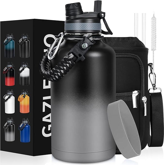 Insulated Water Bottle 64 oz, Half Gallon Water Jug Cold 48H, BPA Free Stainless Steel Bottles with Straw/Chug 2-in-1 Lid, Bag, Paracord Handle, Silicone Boot, Sports Gym School Metal Flask