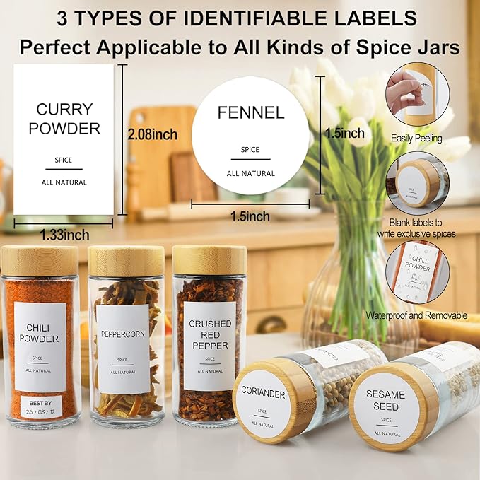 AISIPRIN Glass Spice Jars with 398 Labels-4oz 24 Pcs,Round Seasoning Jars with Bamboo Airtight Lids,Spice Container Set -Shaker Lids, Funnel,Brush and Marker Included