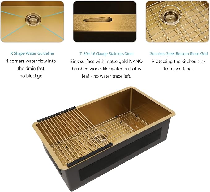 Lordear 32 Undermount Kitchen Sink Matte Gold 32X19 Kitchen Sinks16 Gauge Stainless Steel Deep Single Bowl Handmade Sink Basin