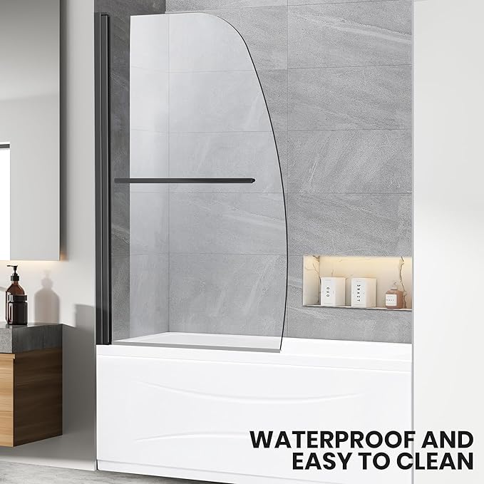 Frameless Hinged Bathtub Shower Door - 34"x58", Clear Tempered Glass 8mm Thick, Matte Black with Stainless Steel