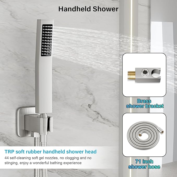 Shower Faucet Set Bathroom Square Rain Shower Head and Handle Set, Wall Mounted Shower Fixtures, Full Metal Trim Repair Kit 12 inch Brushed Nickel (With Shower Valve)