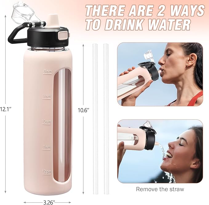 Kodrine 32 oz Glass Water Bottle with Soft Silicone Spout, Locking Lid, and Carry Loop, Pink