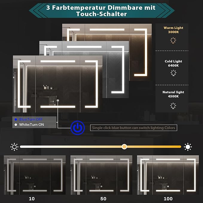 DICTAC Medicine Cabinet with Mirror and LED Light, Wall Mounted Bathroom Mirror with Storage, 2 Doors Bathroom Wall Cabinet, Memory Dimmable 3 Color Temp, Adjustable Shelves, 39.4''x23.6''