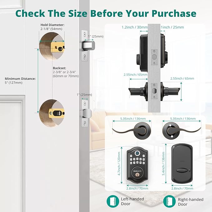 DS10 Keyless Entry Door Lock with Handle - 2 Lever Handles, Fingerprint Door Lock, Keypad Deadbolt, 2 Keys, Code, Smart Locks for Front Door, Auto-Lock, Easy Installation - Oil Rubbed Bronze
