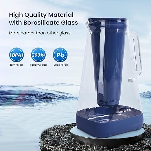 GLACIER FRESH Glass Water Pitcher for Tap and Drinking Water with Membrane and Activated Filter, Reduces Chlorine and Lead Taste, Food Grade and BPA Free Materials, 10-Cup, Blue