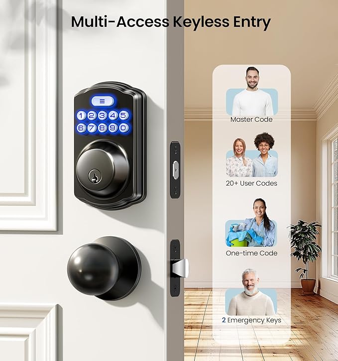 Veise Keyless Entry Door Lock with 2 Knobs, Electronic Backlit Keypad Deadbolt with Handle Set, Auto Lock, One-time Codes, Smart Deadbolt for Front Door, Easy Installation, Matte Black