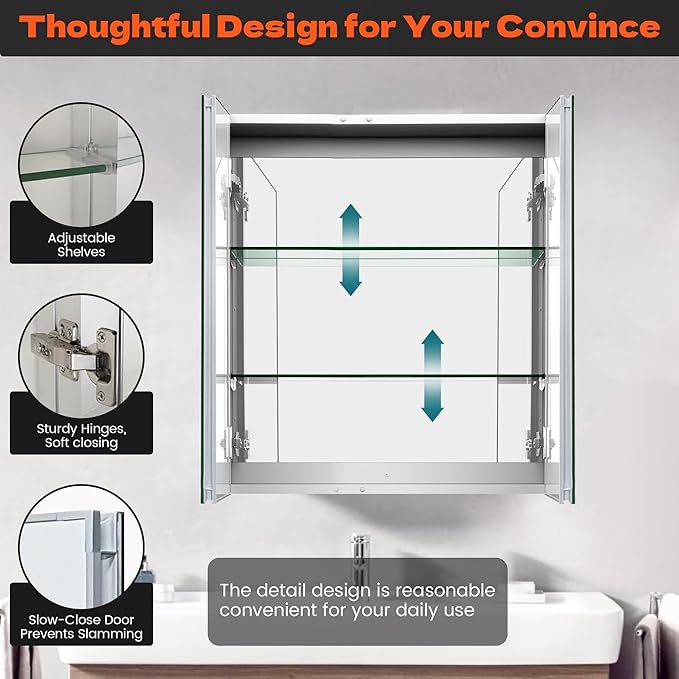 Medicine Cabinet with Mirror Door&Adjustable Shelves, Wall-Mounted Rectangular Medicine Cabinet Beveled Edge Frame, Dual Mirror Doors, 30" x 26"x 5.3"