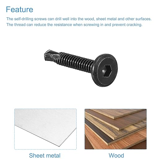 uxcell Hex Socket Self Tapping Screws, #10 x 1-1/4" 410 Stainless Steel Sheet Metal Flat Head Drilling Screw 50pcs, Black