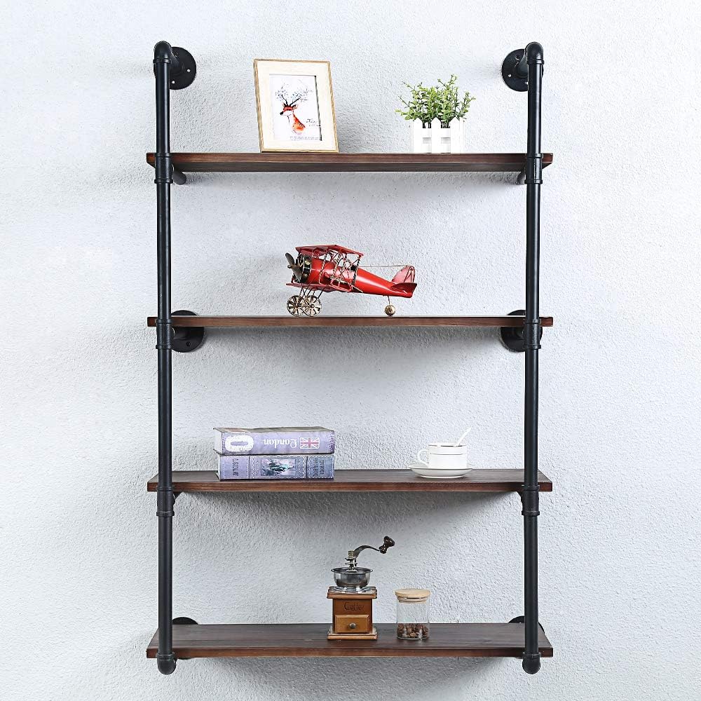Industrial Pipe Shelving Wall Mounted,30in Rustic Metal Floating Shelves,Steampunk Real Wood Book Shelves,Wall Shelf Unit Bookshelf Hanging Wall Shelves,Farmhouse Kitchen Bar Shelving(4 Tier)