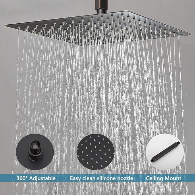 16 Inch Ceiling Mount Oil Rubbed Bronze Shower System Bathroom Luxury Rain Mixer Shower Combo Set Ceiling Rainfall Shower Head System (Contain Shower Faucet Rough-in Valve Body and Trim)