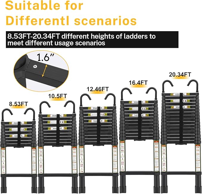 Telescopic Ladder, 8.5FT RIKADE Aluminum Telescoping Ladder with Non-Slip Feet and Stable Hook, Portable Extension Ladder for Household and Outdoor Working, 330lb Capacity Black