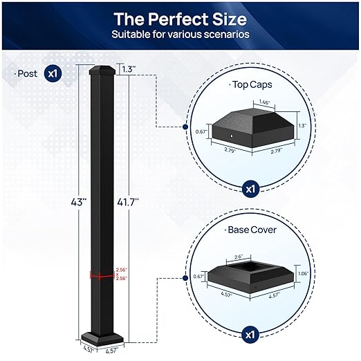 1 Pack 2.56 in. x 2.56 in. x 43 in. Aluminum Deck Railing Post with Screws, Black Textured Outdoor Powder-Coat Finish Stair Post for Decks, Porches & Balconies (1x 43in Post)
