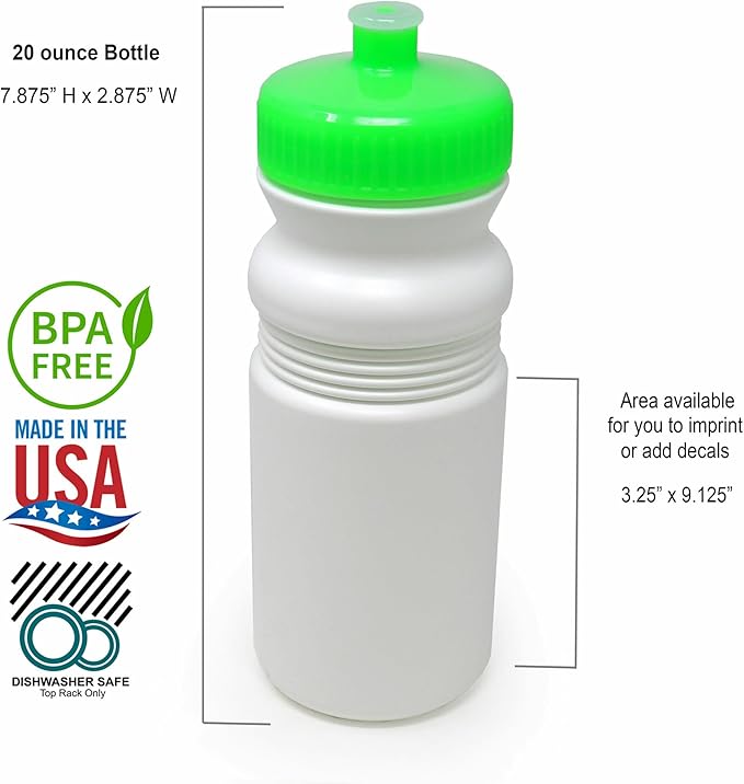 Rolling Sands 20 Oz Sports Water Bottles 24 Pk, BPA-Free, Made in USA, Dishwasher Safe, White Bottles/Neon Lime Green Lids