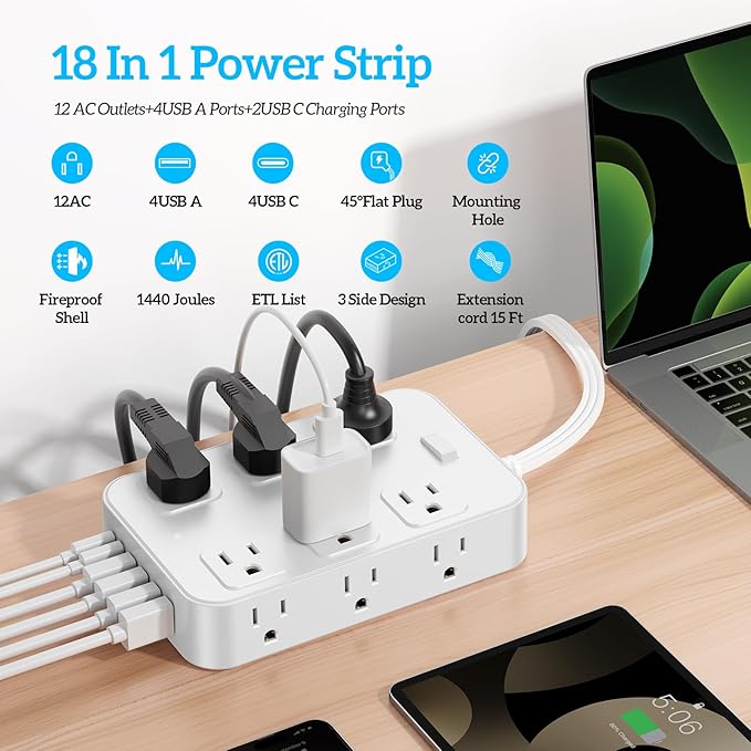 Flat Plug Power Strip Surge Protector with 12 AC Outlets 6 USB Ports 3 Side Multi Plug Outlet Extender 15 Ft Extension Cord for Home Office Kitchen Dorm Wall Desk Charging Station ETL Listed