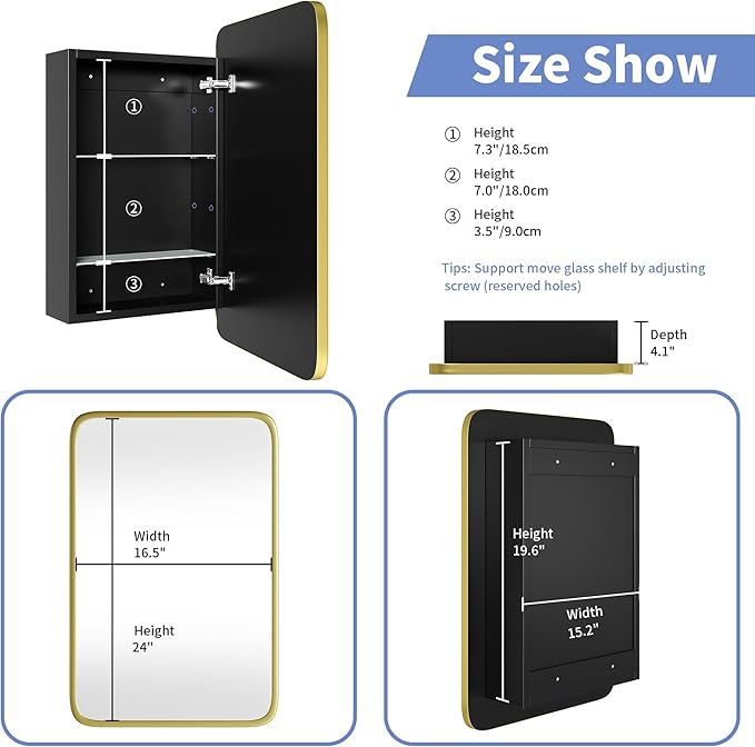 Vintage-Style Bathroom Wood Black Cabinet with 16.5''x24'' Brushed Gold Metal Frame Curved Mirror, Recessed Medicine Cabinet, Bathroom Storage Cabinet