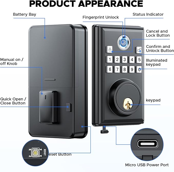 CAMCAMP Keyless Entry Door Lock, Fingerprint Door Lock with APP Remote Control, Smart Lock for Front Door/Bedroom, Easy-to-Install Keypad Deadbolt, Auto-Locking, 4 AA Batteries Include