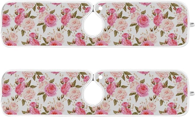Kitchen Faucet Absorbent Mat,Pink Rose Flower Floral Water Splash Guard for Sink, Faucet Drip Catcher Thicken Sponge Microfiber Faucet Water Catcher Mat Sink Absorbent Mat for Kitchen 14x5in 2 Pack