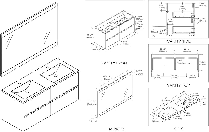 Blossom Bathroom Vanity with Double Ceramic Sinks and Mirror | All Wood Floating Vanity Cabinet | 2x2 Soft-Closing U-Shaped Cutout Drawers | 48" w/ 2 Ceramic Sinks and Mirror, Glossy White