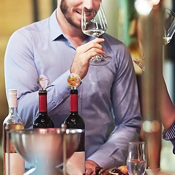 2PCS Hand Blown Glass Wine Stopper Bottle Stopper - Wine Saver, Reusable Wine Corks for Beverage, Stainless Steel Wine Stopper