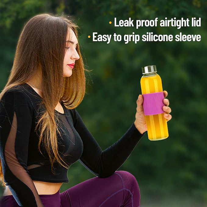 Clear Glass Water Bottles with Silicone Sleeve and Lids 18 oz, Reusable Glass Juice Bottles with Stainless Steel Airtight Cap for Juicing, Leak Proof Drinking Bottles, BPA Free, Set of 3, OPR