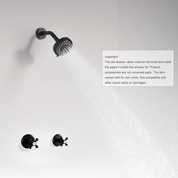 2 Handle Shower Faucet and 5 Mode Shower Head, Matte Black Two Handle Shower Faucet Bathroom Shower Trim Kit with Rough-in Valve, BY2H002