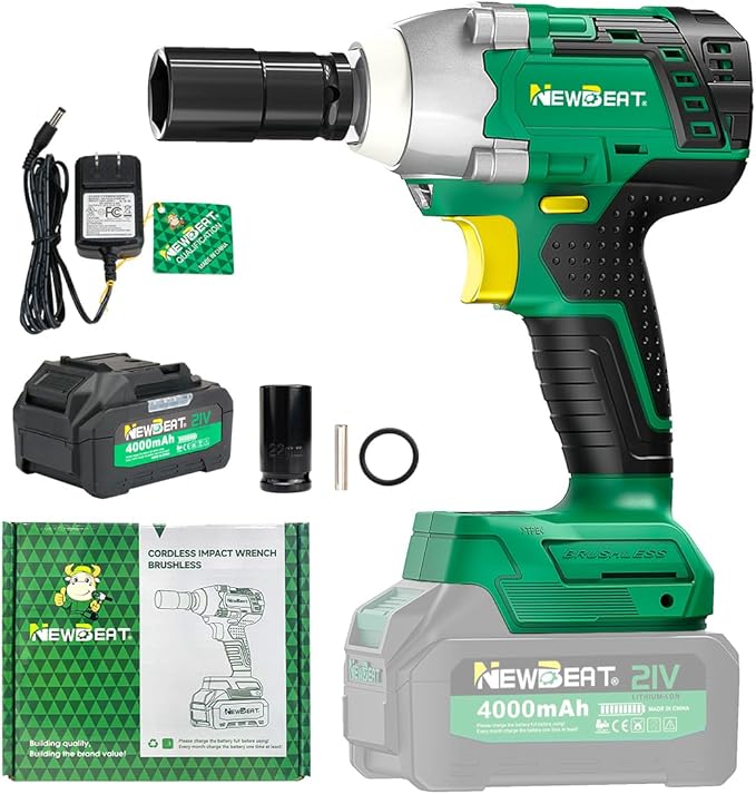 NEWBEAT Cordless Impact Wrench, 21V Brushless 1/2 inch Impact Wrench, Electric Impact Gun, Power Impact Driver with 4.0Ah Battery and Charger, Variable Speeds for Car, Home DIY, Tire Removal Tool