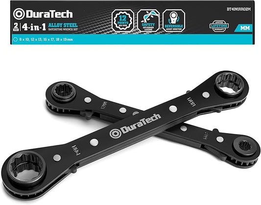 DURATECH 4-in-1 Reversible Ratcheting Wrench Set, Double Box End Wrench Set, 2-Piece, 8mm, 10mm, 12mm, 13mm, 16mm, 17mm, 18mm, 19mm, Metric