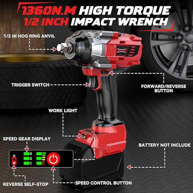 Cordless Impact Wrench 1/2” Compatible with Milwaukee 18v Battery(No Battery), 1000FT-LBS(1360N.m) High Torque Impact Driver, Electric Impact Gun with LED Work Light, Variable Speeds, 4-Speed Control