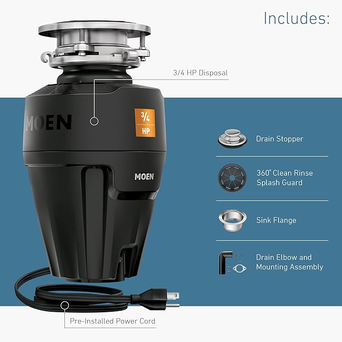 Moen Black EX Series Host Series 3/4 Horsepower Improved Installation Garbage Disposal, EX75C