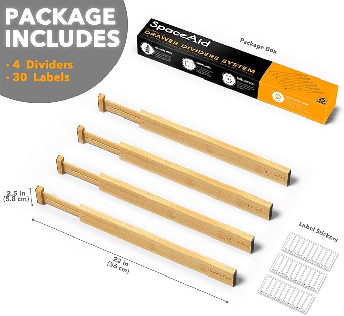 SpaceAid 4 Pack Bamboo Drawer Dividers with Labels, Kitchen Adjustable Drawer Organizers, Expandable Organization for Home Clothes Dressers (17-22 in, Natural)