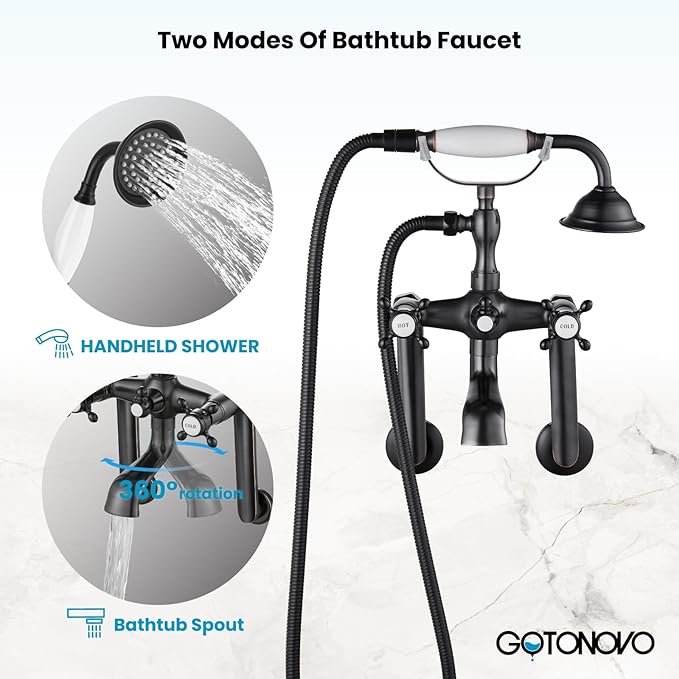 gotonovo Clawfoot Bathtub Faucet Tub Filler with Hand Held Shower Faucet Set Victorian Double Cross Handle 6 Inch Center Adjustable Swing Arms Tub Mount Long Adapter Oil Rubbed Bronze
