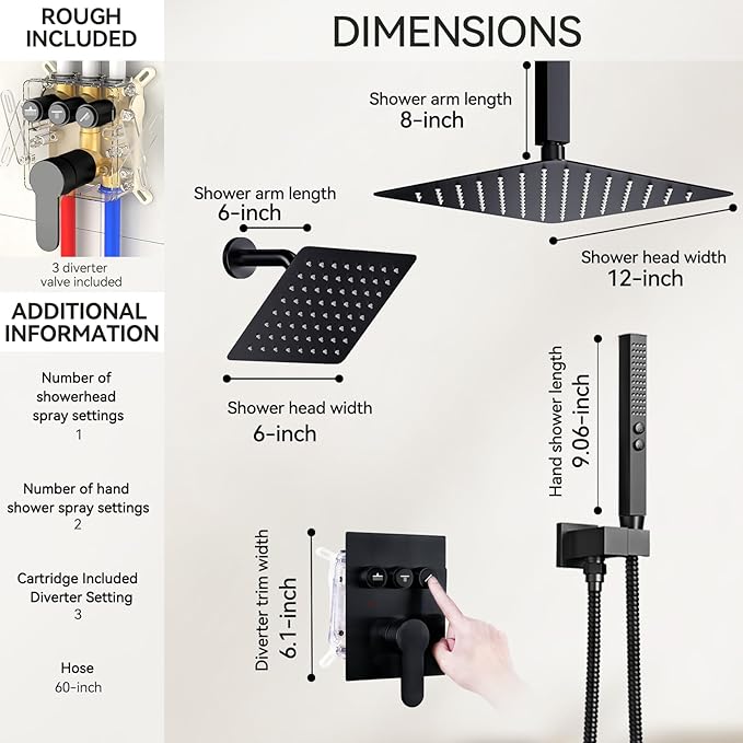 Shower Faucet Set Matte Black Shower System, 12" Ceiling Rainfall Shower and 6" Rain Shower with 2 in 1 Handheld, Can Use All at Once, Wall Mount Pressure Balance Rough-in Valve and Trim Kit