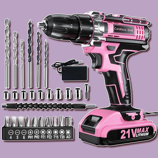 Pink Cordless Drill Set, 21V Electric Power Drill for Women, Lightweight Electric Screwdriver Driver with Power Pack & Charger, 2 Speed, 3/8" Keyless Chuck, 27 Pcs Womens Tool Kit for Home DIY & House