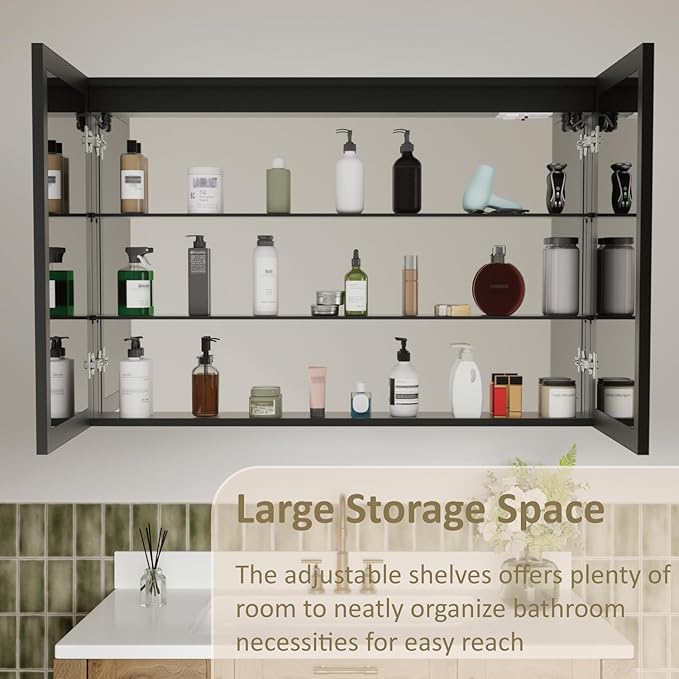 48x32 Inch Led Lighted Medicine Cabinet with Mirror, Recessed or Surface Mount Bathroom Medicine Cabinet, Anti-Fog, Adjustable Shelf, Dimmable Light, Outlets & USB, ETL Listed, Black