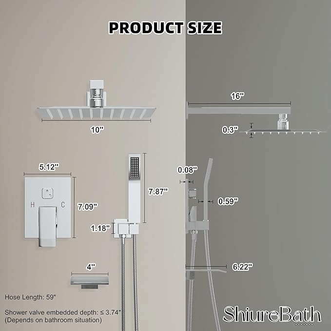 10 Inch Shower Faucet Set with Tub Spout Wall Mounted Shower System for Bathroom with High Pressure 10 Inch Rain Shower head and Handheld Shower Head Set, Polished Chrome
