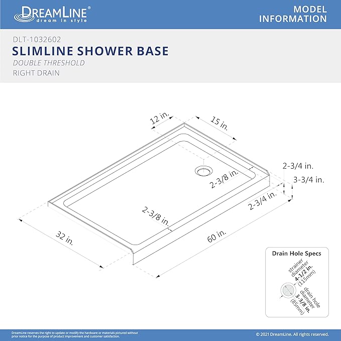 DreamLine SlimLine 32 in. D x 60 in. W x 2 3/4 in. H Right Drain Double Threshold Shower Base in White