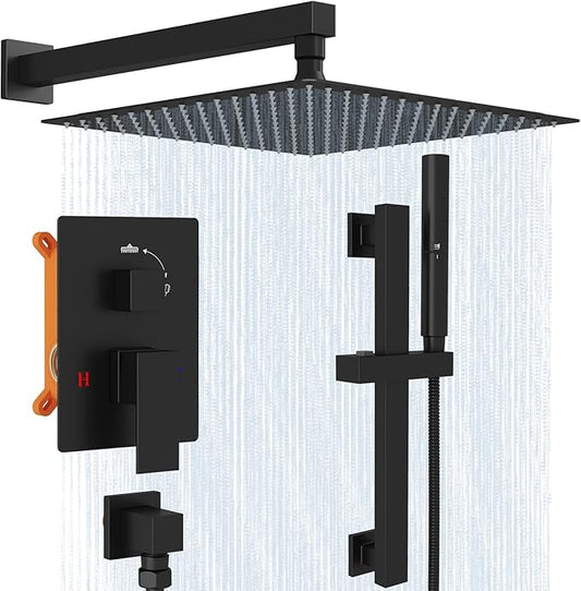 Hoimpro 12 Inch Matte Black Shower System with Adjustable Slide Bar, Square Rain Shower Head and Wand Wall Mounted, Rainfall Shower Faucet Fixture Combo Set, 2 in 1 Handheld Showerhead for Bathroom