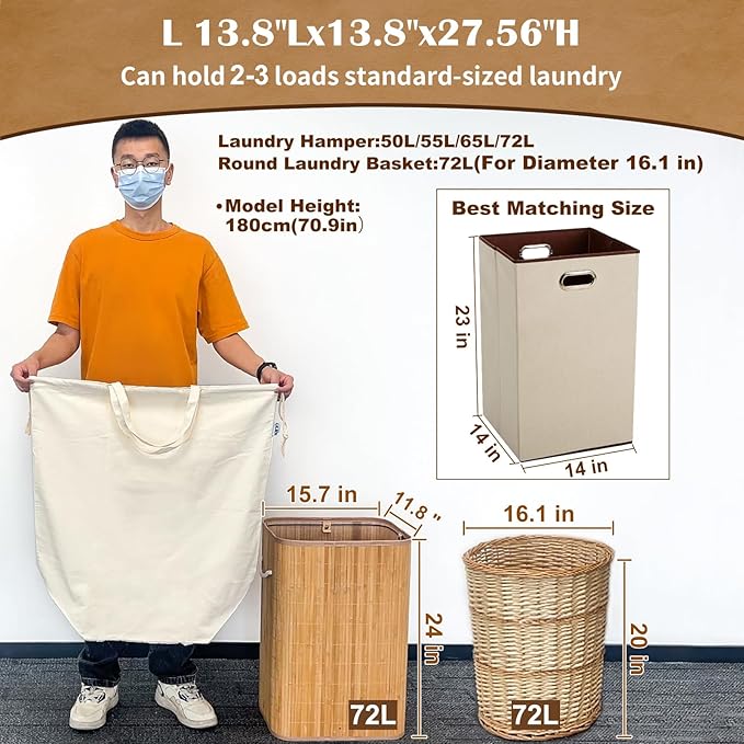 Canvas Laundry Bags with Handles & Square Base 13.8"x 13.8", Large Heavy Duty Laundry Basket Hamper Liner, College Dorm Washable Drawstring Cotton Dirty Clothes Bag (Beige,1 Pack)
