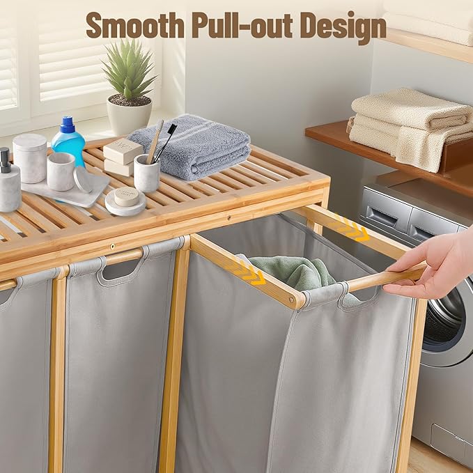Bamboo Laundry Hamper 3 Section with Lid, 150 L Laundry Sorter with Pull-Out Removable Washable Bags, 3 × 12.5 Gal Divided Laundry Baskets for Laundry Room, Bathroom (Gray)