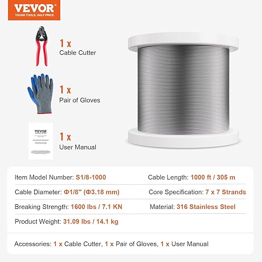 VEVOR 1/8 Stainless Steel Cable, 1000 FT 316 Cable Railing Kit with Cutter and Gloves, 1600 lbs Breaking Strength, 7x7 Strands Marine Aircraft Cable for Handrail Stair Decking Fence Outdoors