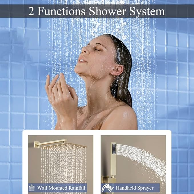 Shower Faucet Set 16 Inch Wall Mount Rain Shower System, All Metal Shower Fixtures - Brushed Gold
