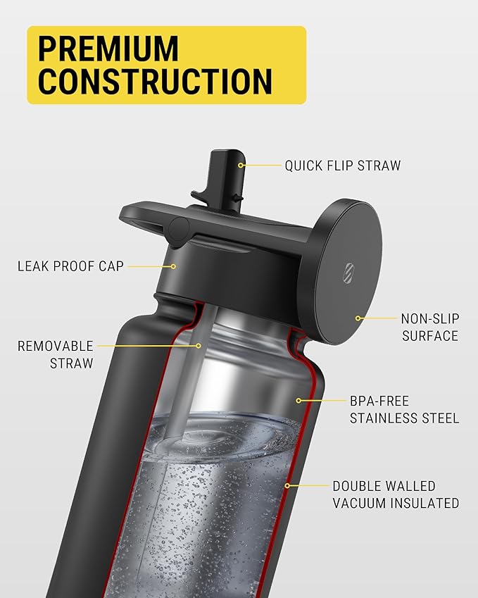 Scosche MFMS32 MagicMount Flask 32oz Stainless Steel Hot & Cold Insulated Sport Water Bottle w/Magnetic Mount Tripod Phone Stand Compatible w/MagSafe iPhone for Cup Holder/Gym/Men/Women/Travel/Black